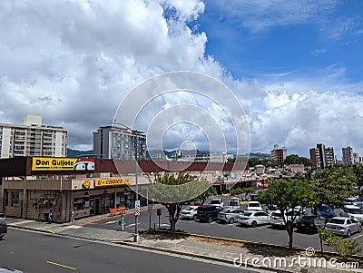 Aerial view of Don Quijote Supermarket and parking lot with cars in Honolulu, Hawaii Editorial Stock Photo