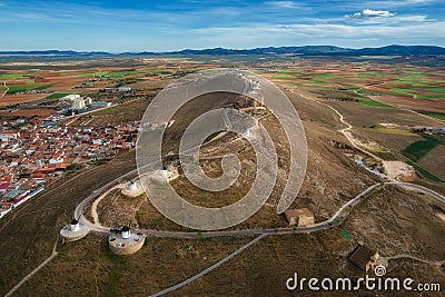 Aerial view of Don Quixote windmills in Consuegra, Toledo, Spain Stock Photo