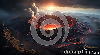 Aerial view of a dormant volcano's caldera, rugged edges enclosing a mysterious abyss, cinematic Stock Photo