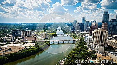 Aerial view of downtown Austin with modern buildings along the riverbank. Texas, USA Editorial Stock Photo