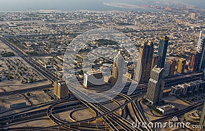 Aerial view of downtown Dubai showing commercial buildings, freeways and residential areas Editorial Stock Photo