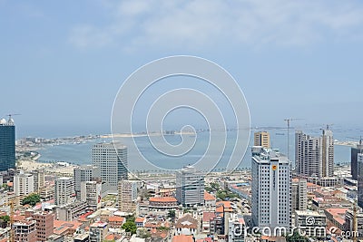 Aerial view of downtown Luanda, bay and Port of Luanda, marginal and central buildings, in Angola Editorial Stock Photo