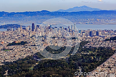 Aerial view of downtown San Francisco and Financial District sky scrapers flying over Golden Gate Park Stock Photo