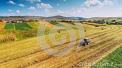 Aerial view, drone view of agriculture harvesting. Worker and farmer using tractor on harvest crops Stock Photo