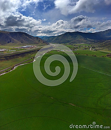 Aerial View from a Drone of a Farm Field of Crops Green Grown with Pivot Sprinklers Stock Photo
