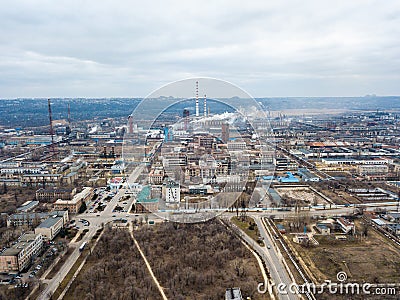 Aerial view from drone of industrial zone with fuming chimneys. Chemical plant Stock Photo