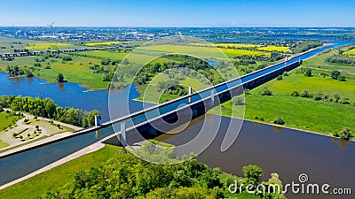 Aerial view from the drone of Magdeburg Water Bridge, Germany Stock Photo
