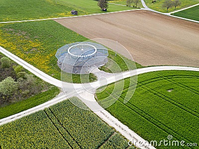 Aerial view by drone over the spring fields with a obsolete D-VOR Stock Photo