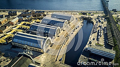 Aerial view from drone on Riga Central market. Editorial Stock Photo