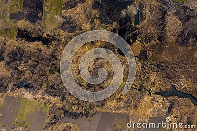 Aerial view from drone of spring landscape with river, hills and forests Stock Photo