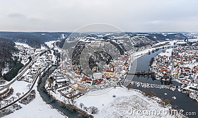 Aerial view from drone of town view of market KallmÃ¼nz Kallmuenz in Bavaria and bridge over river Naab and castle ruin in winter Stock Photo