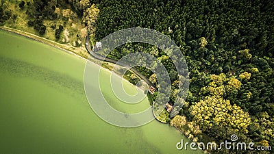 Aerial view from drone on volcanic lake Furnas. Stock Photo