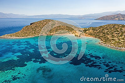Aerial view of the dry Greek coastline in summer Elounda, Crete Stock Photo