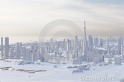 Aerial view of Dubai downtown. Low poly miniature city with white skyscrapers and dramatic lighting. Stock Photo