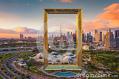 Aerial view of Dubai Frame, Downtown skyline, United Arab Emirates or UAE. Financial district and business area in smart urban Stock Photo