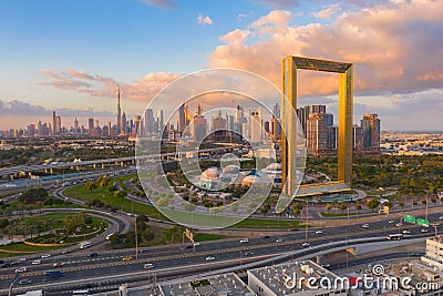 Aerial view of Dubai Frame, Downtown skyline, United Arab Emirates or UAE. Financial district and business area in smart urban Editorial Stock Photo
