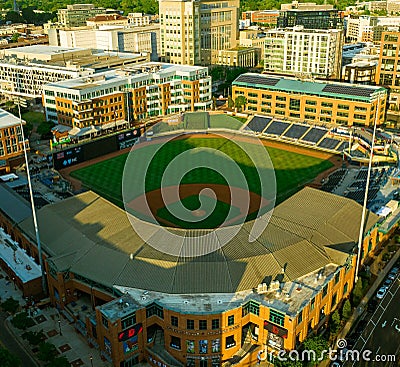 Aerial view of Durham Bulls athletic park surrounded by a bustling cityscape of Graham. Editorial Stock Photo