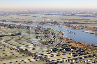 Aerial view Dutch river Lek with view at village Schoonhoven Stock Photo