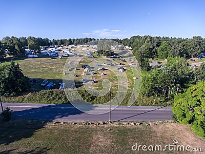 Aerial view at Ekeberg camping area at morning. Neighborhood of Oslo city, Norway. Urban campsite the Ekeberg City camp is on hill Stock Photo