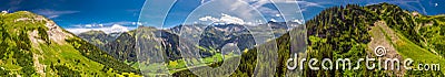 Aerial view of Elm village and Swiss mountains - Piz Segnas, Piz Sardona, Laaxer Stockli from Ampachli, Glarus, Switzerland, Europ Stock Photo