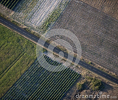 Aerial view of empty road and fields Stock Photo