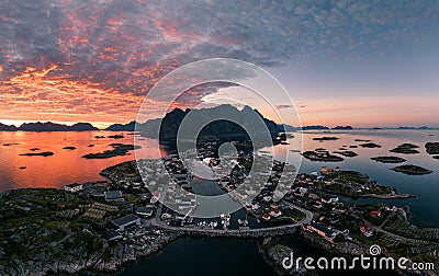Epic sunset over Henningsvaer fishing village in Lofoten, Norway Editorial Stock Photo