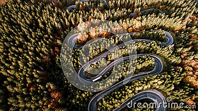 Aerial view of European road, beautiful serpentine road with autumn colors Stock Photo