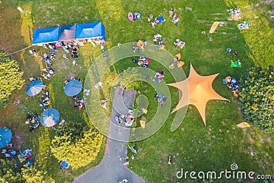 aerial view evening city park with people Stock Photo