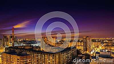 Aerial view at evening cityscape, Voronezh city downtown panorama, high-rise buildings, urban after dawn Stock Photo