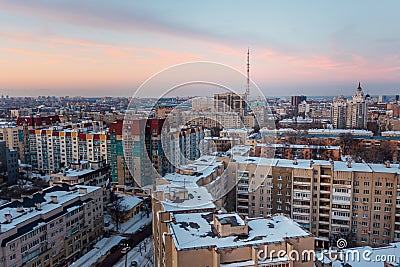 Aerial view of evening Voronezh downtown. Voronezh cityscape at twilight. Modern houses, television broadcast tower Editorial Stock Photo