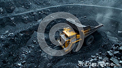 Aerial view of extractive industrial coal mine in open pit setting captured by drone Stock Photo