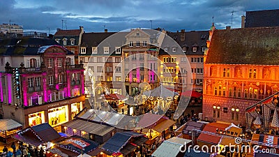 Aerial view of the famous christmas market of Mulhouse at dusk in Alsace, France Editorial Stock Photo
