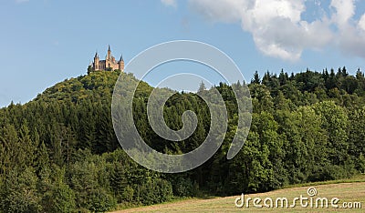 Aerial view of famous Hohenzollern Castle, ancestral seat of the Stock Photo