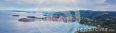 Aerial view of famous tourist sea resort Primosten and Adriatic seacoast at sunset, Dalmatia, Croatia Stock Photo