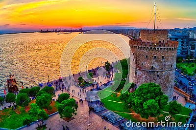 Aerial view of famous White Tower of Thessaloniki at sunset, Greece. Stock Photo