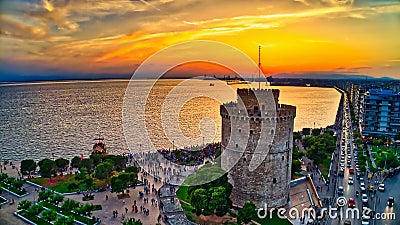 Aerial view of famous White Tower of Thessaloniki at sunset, Greece. Stock Photo