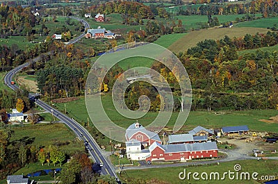 Aerial view of farm near Stowe, VT in autumn on Scenic Route 100 Stock Photo