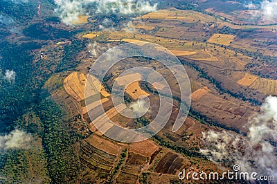 Aerial view Farmland in Tanzania, kraal of the Masai Tribe Stock Photo