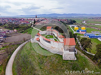 Aerial view of the Feldioara medieval outpost, located in Brasov, Romania. Stock Photo