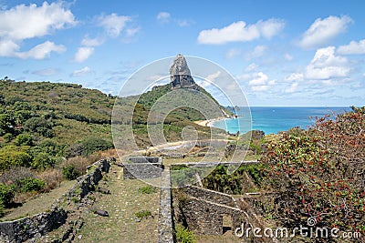 Aerial view of Fernando de Noronha and Nossa Senhora dos Remedios Fortress and Morro do Pico - Fernando de Noronha, Brazil Stock Photo