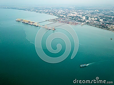 Aerial view ferry carry transport sail pass container terminal. Editorial Stock Photo