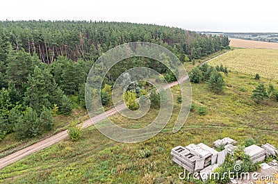 Aerial view on fields and forest on the top of roof Stock Photo