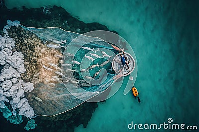 Aerial view of fishing boat casting a net for catching fishes. Generative AI Stock Photo