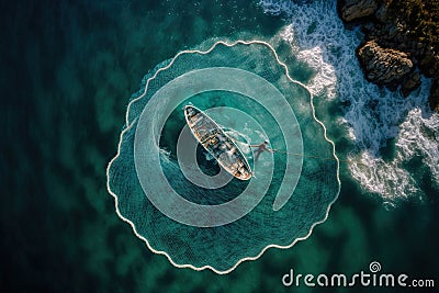 Aerial view of fishing boat casting a net for catching fishes. Generative AI Stock Photo