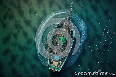 Aerial view of fishing boat casting a net for catching fishes. Generative AI Stock Photo