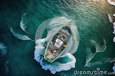 Aerial view of fishing boat casting a net for catching fishes. Generative AI Stock Photo