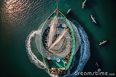 Aerial view of fishing boat casting a net for catching fishes. Generative AI Stock Photo