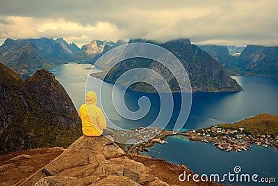 Aerial view of the fjord from Mount Reinebringen. Reine, Norway Stock Photo