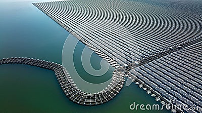 Aerial view floating solar cell power plant with solar cell generate the electric on the lake, Floating solar panels and cell Stock Photo