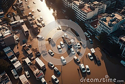 aerial view of flooded cityscape with boats and cars stranded on streets Stock Photo